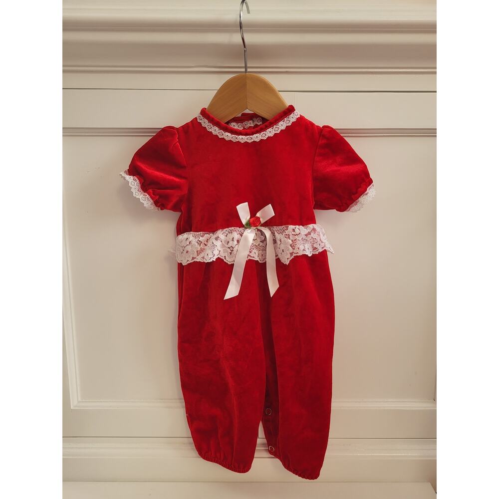 VTG 80s Violet Rose Red Velvet Lace Baby Christmas Romper Jumpsuit 3-6m